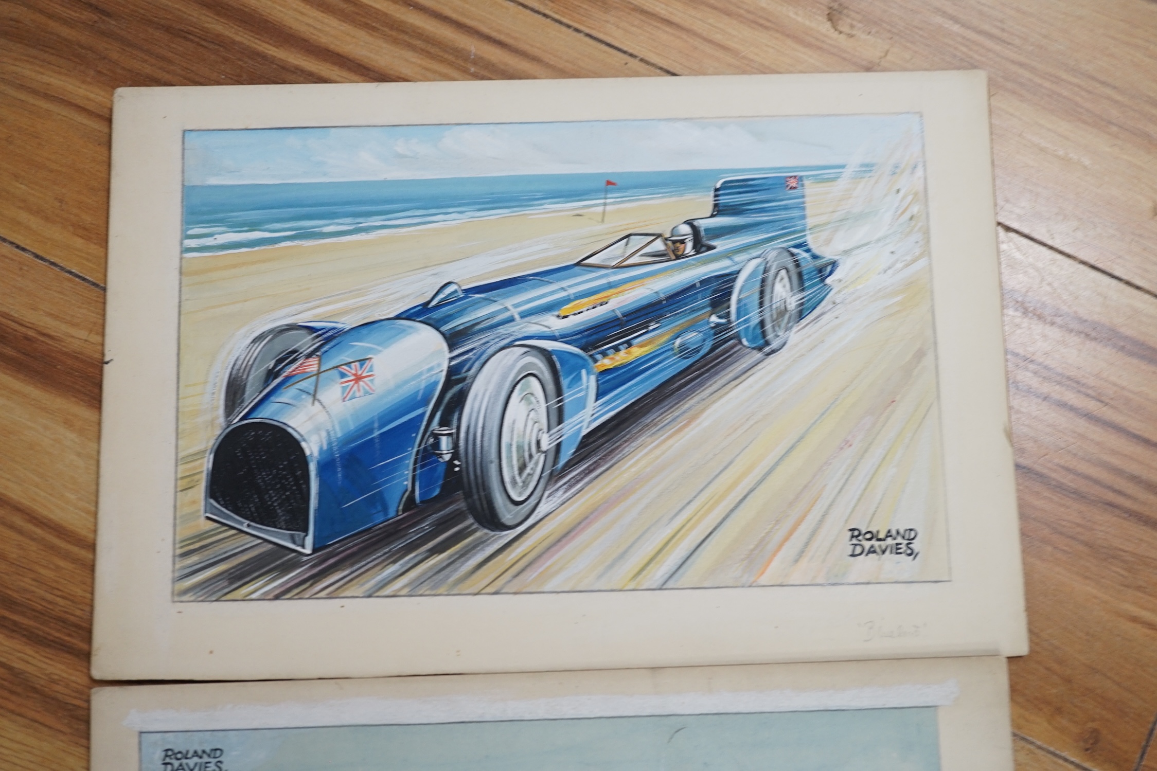 Roland Davies (1904-1993), three original watercolours for postcard designs, speed record holders, ‘Schneider Trophy Plane’, ‘Miss England Speedboat’ & ‘Bluebird’, each signed, unframed, 20 x 31cm. Condition - fair to go